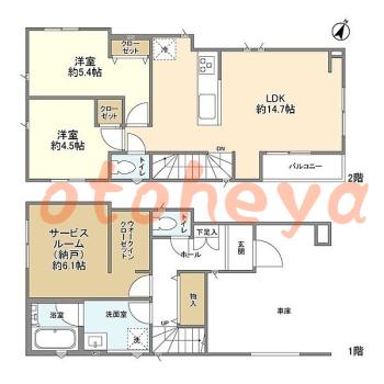 楽器ピアノ可相談 の 賃貸物件 2SLDK 19.8万円の図面１