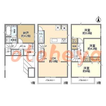 楽器ピアノ可相談 の 賃貸物件 3SLDK 17.4万円の図面１