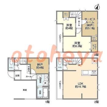 楽器ピアノ可相談 の 賃貸物件 2SLDK 17.5万円の図面１