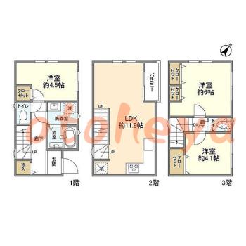 楽器ピアノ可相談 の 賃貸物件 3LDK 16.3万円の図面１
