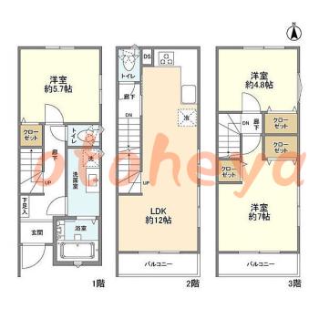 楽器ピアノ可相談 の 賃貸物件 3LDK 21.7万円の図面１