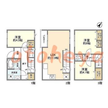 楽器ピアノ可相談 の 賃貸物件 3LDK 16.3万円の図面１