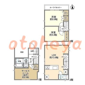 楽器ピアノ可相談 の 賃貸物件 2SLDK 22.1万円の図面１