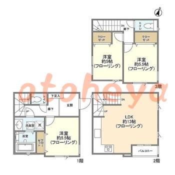 楽器ピアノ可相談 の 賃貸物件 3LDK 27万円の図面１