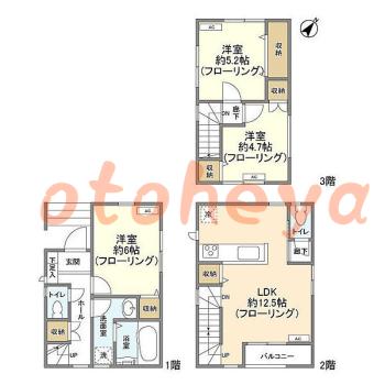 楽器ピアノ可相談 の 賃貸物件 3LDK 17万円の図面１