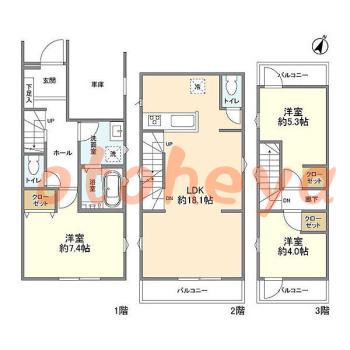 楽器ピアノ可相談 の 賃貸物件 3LDK 18.5万円の図面１