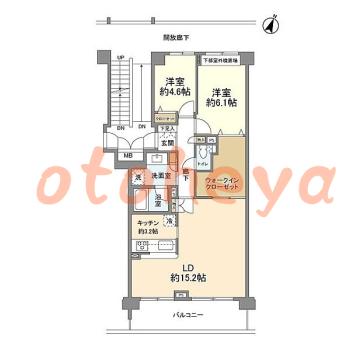 楽器ピアノ可相談 の 賃貸物件 2LDK 12.8万円の図面１