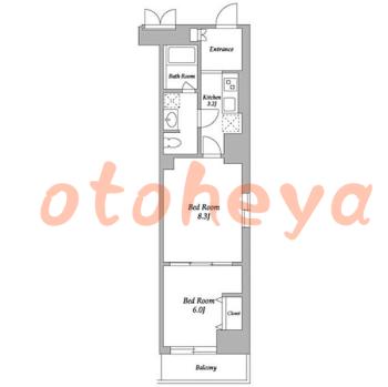 楽器ピアノ可相談 の 賃貸物件 2K 16.9万円の図面１