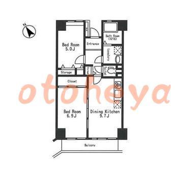 楽器ピアノ可相談 の 賃貸物件 2DK 16.1万円の図面１