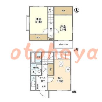 楽器ピアノ可相談 の 賃貸物件 2DK 8.5万円の図面１
