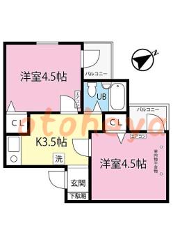 楽器ピアノ可相談 の 賃貸物件 2K 5.2万円の図面１