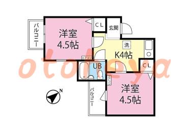 楽器ピアノ可相談 の 賃貸物件 2K 5万円の図面１