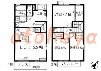楽器ピアノ可相談 の 賃貸物件 3LDK 13.6万円の図面１