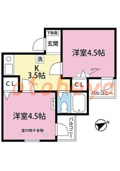 楽器ピアノ可相談 の 賃貸物件 2K 5.2万円の図面１