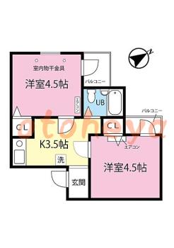 楽器ピアノ可相談 の 賃貸物件 2K 5.2万円の図面１