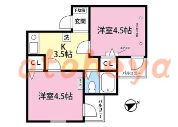 楽器ピアノ可相談 の 賃貸物件 2K 5.2万円の図面１