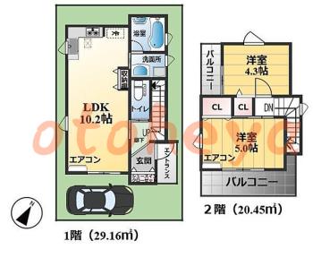 楽器ピアノ可相談 の 賃貸物件 2LDK 12.3万円の図面１