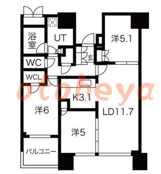 楽器ピアノ可相談 の 賃貸物件 3LDK 37万円の図面１
