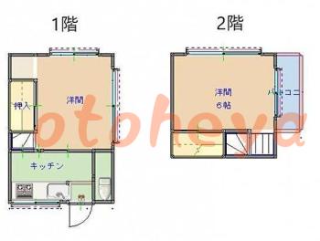 楽器ピアノ可相談 の 賃貸物件 2DK 3.95万円の図面１