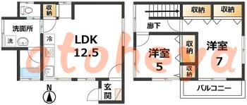 楽器ピアノ可相談 の 賃貸物件 2LDK 15.4万円の図面１