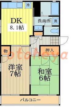 楽器ピアノ可相談 の 賃貸物件 2DK 9万円の図面１