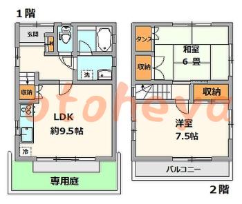 楽器ピアノ可相談 の 賃貸物件 2LDK 9.9万円の図面１