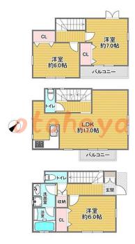 楽器ピアノ可相談 の 賃貸物件 3LDK 15.9万円の図面１