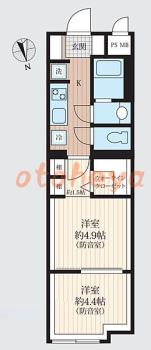 楽器ピアノ可相談 の 賃貸物件 2K 13万円の図面１