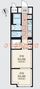 楽器ピアノ可相談 の 賃貸物件 2K 13.3万円の図面１