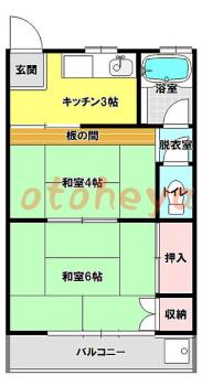 楽器ピアノ可相談 の 賃貸物件 2K 6万円の図面１