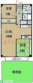 楽器ピアノ可相談 の 賃貸物件 2LDK 18万円の図面１