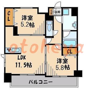 楽器ピアノ可相談 の 賃貸物件 2LDK 17.7万円の図面１