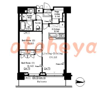 楽器ピアノ可相談 の 賃貸物件 2LDK 22.1万円の図面１