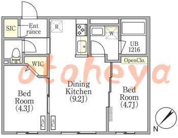楽器ピアノ可相談 の 賃貸物件 2DK 17万円の図面１