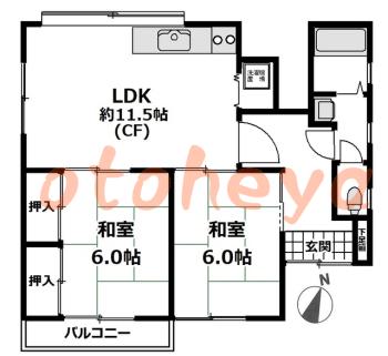 楽器ピアノ可相談 の 賃貸物件 2LDK 8.3万円の図面１