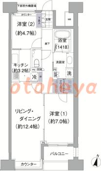 楽器ピアノ可相談 の 賃貸物件 2LDK 33.8万円の図面１