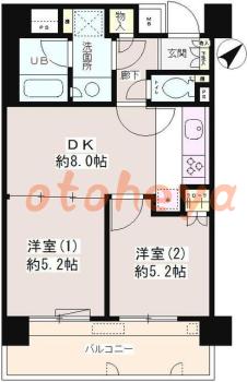 楽器ピアノ可相談 の 賃貸物件 2DK 12.9万円の図面１