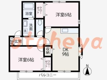 楽器ピアノ可相談 の 賃貸物件 2DK 9.8万円の図面１