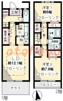 楽器ピアノ可相談 の 賃貸物件 2LDK 23.6万円の図面１