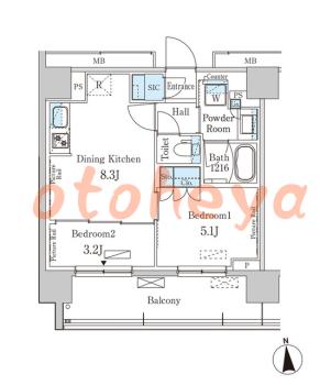 楽器ピアノ可相談 の 賃貸物件 2DK 19.1万円の図面１