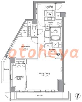楽器ピアノ可相談 の 賃貸物件 2LDK 34.9万円の図面１