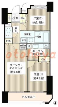 楽器ピアノ可相談 の 賃貸物件 2LDK 15.2万円の図面１