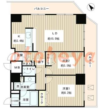 楽器ピアノ可相談 の 賃貸物件 2LDK 34.8万円の図面１