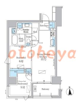 楽器ピアノ可相談 の 賃貸物件 2LDK 32.2万円の図面１