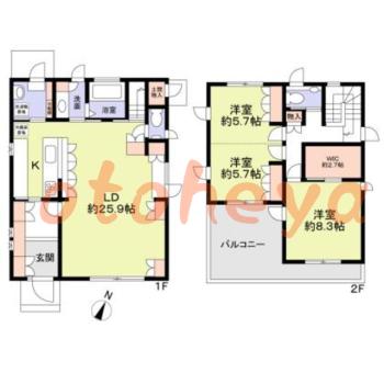 楽器ピアノ可相談 の 賃貸物件 2LDK 32万円の図面１