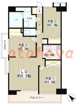 楽器ピアノ可相談 の 賃貸物件 3DK 21.2万円の図面１