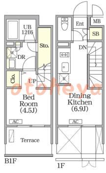 楽器ピアノ可相談 の 賃貸物件 1DK 18.3万円の図面１