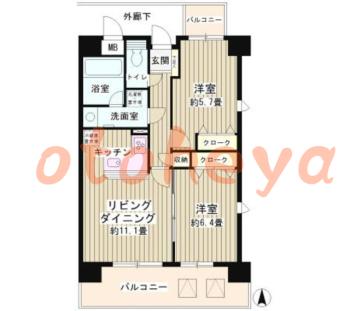 楽器ピアノ可相談 の 賃貸物件 2LDK 21万円の図面１