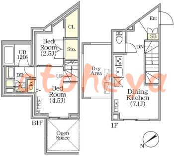 楽器ピアノ可相談 の 賃貸物件 2DK 22.5万円の図面１