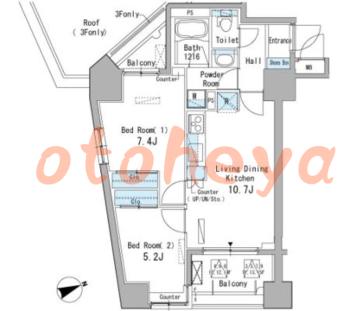 楽器ピアノ可相談 の 賃貸物件 2DK 22万円の図面１